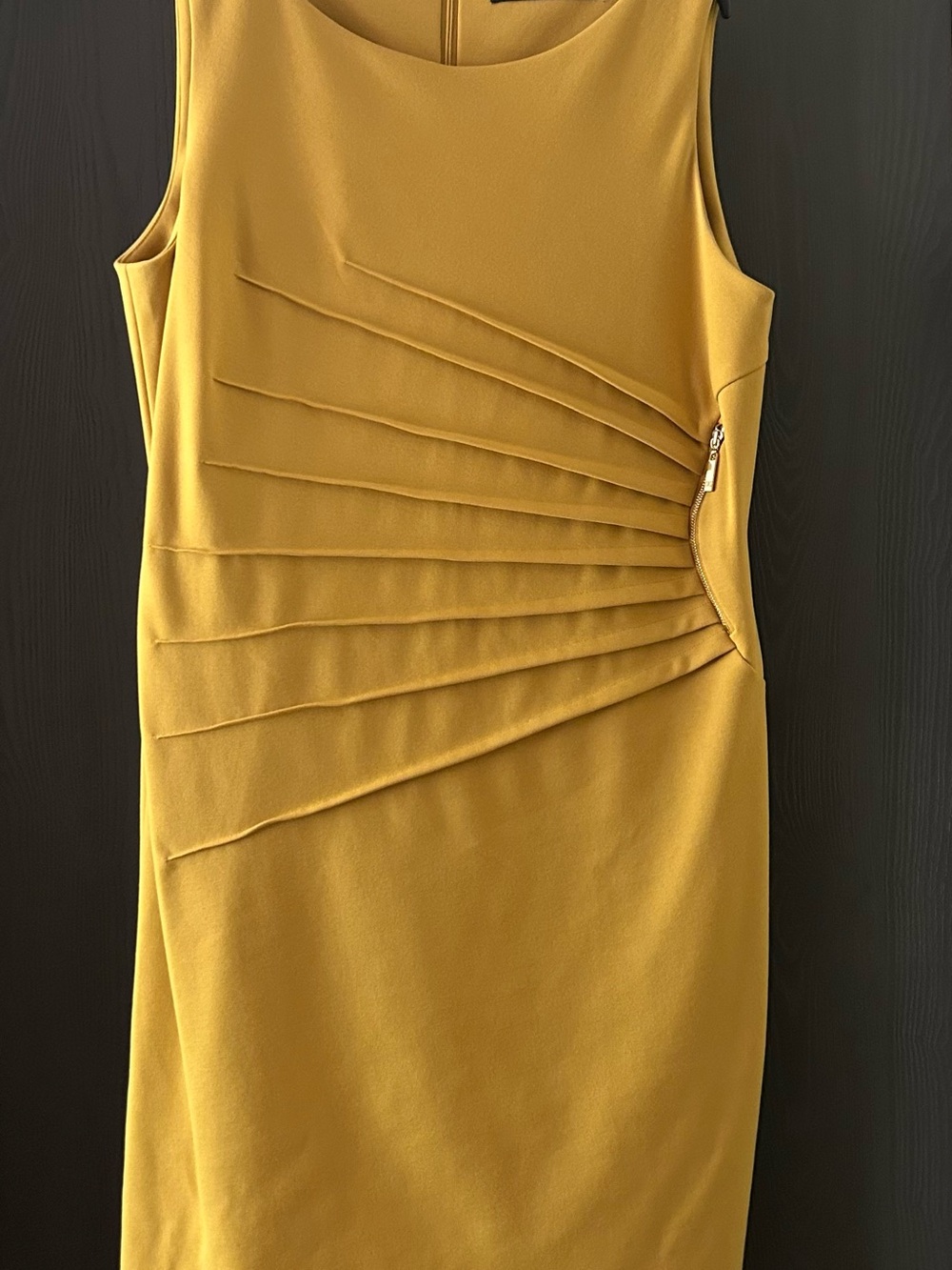 Ivanka Trump Sleeveless Mustard Midi Dress with Pleated Side Detail